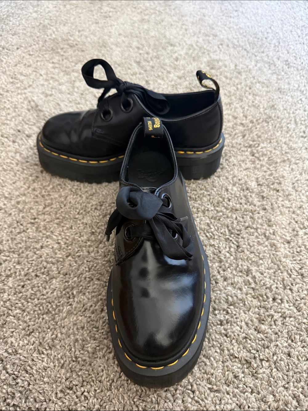 Dr. Martens Black Leather Platform Shoes with Yellow Stitching